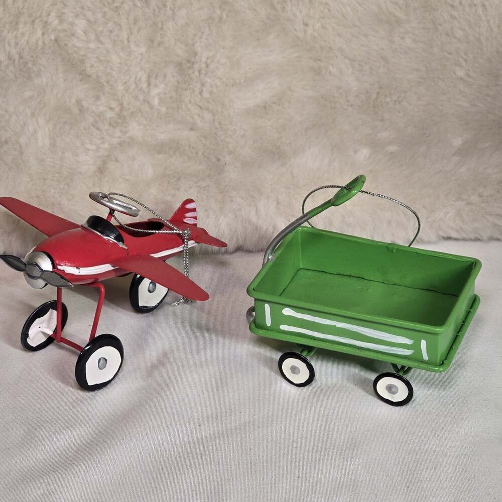 Vintage Red Airplane with Green Wagon Metal Ornament – Retro Christmas Decor